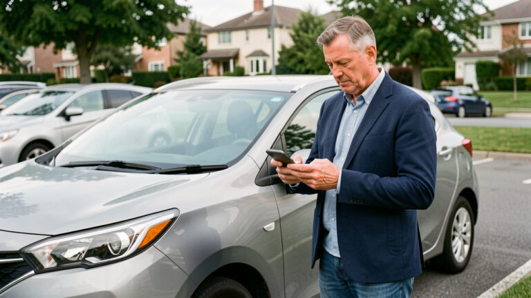 Un homme consulte ses dépenses automobiles sur un smartphone devant une voiture compacte, dans une lumière naturelle.
