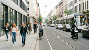Rue urbaine moderne avec piétons, vélos, tramway, scooter et voitures circulant de manière fluide.