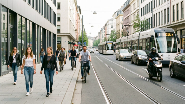 Rue urbaine moderne avec piétons, vélos, tramway, scooter et voitures circulant de manière fluide.