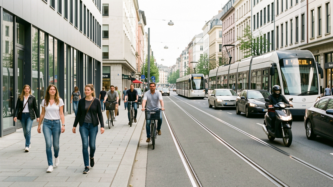 Rue urbaine moderne avec piétons, vélos, tramway, scooter et voitures circulant de manière fluide.