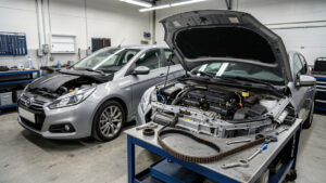 Voiture compacte d’occasion dans un atelier automobile, avec le moteur ouvert et une chaîne ainsi qu’une courroie de distribution présentées sur un établi.