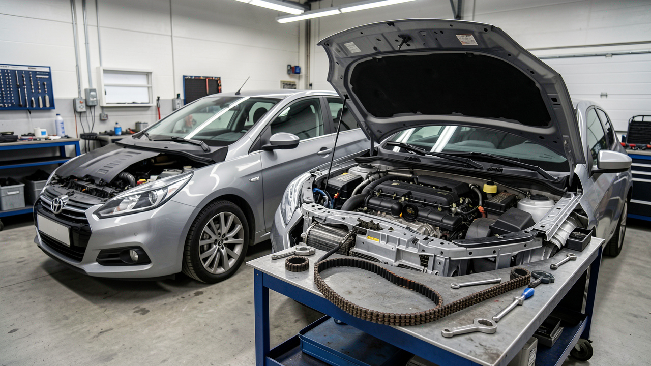 Voiture compacte d’occasion dans un atelier automobile, avec le moteur ouvert et une chaîne ainsi qu’une courroie de distribution présentées sur un établi.
