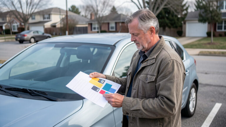 Un homme consultant un tableau de budget automobile vierge près d’une voiture garée, dans une lumière naturelle douce.