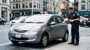 Voiture compacte de livraison garée légalement en ville, avec un sac isotherme visible et un agent contrôlant sa conformité.