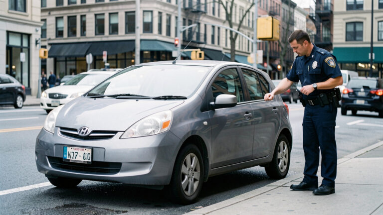 Voiture compacte de livraison garée légalement en ville, avec un sac isotherme visible et un agent contrôlant sa conformité.