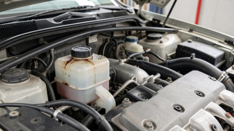 Gros plan réaliste sur le compartiment moteur d’une voiture montrant un réservoir de liquide de direction assistée presque vide.