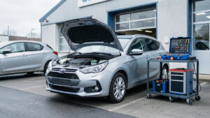 Voiture compacte immobilisée devant un centre de réparation automobile, capot ouvert et équipements de diagnostic à proximité.