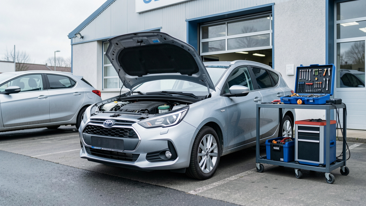 Voiture compacte immobilisée devant un centre de réparation automobile, capot ouvert et équipements de diagnostic à proximité.
