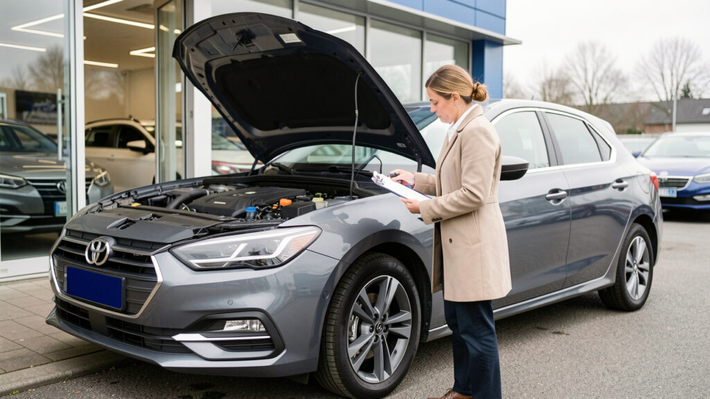Une femme inspecte attentivement une voiture d’occasion devant un showroom automobile afin d’évaluer les risques avant un achat sans essai.