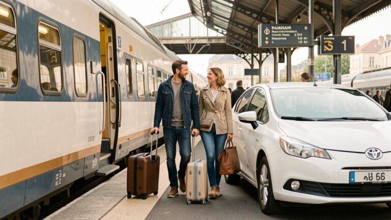 Un homme et une femme descendent d’un train avec leurs bagages près d’une voiture de location devant une gare française, dans une ambiance de week-end.