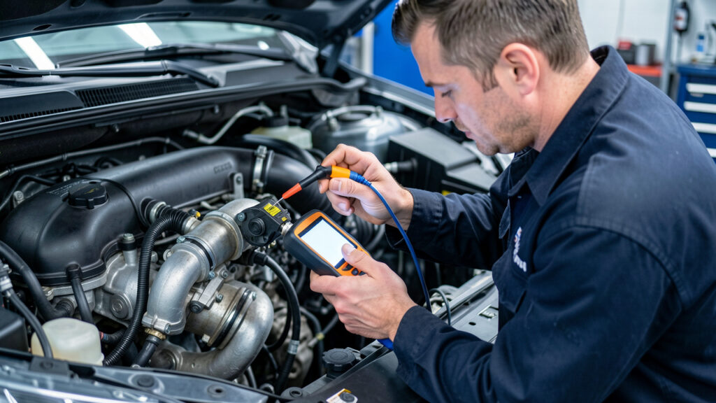 Technicien automobile examinant le capteur de position et la commande électronique d’un turbocompresseur dans un compartiment moteur.