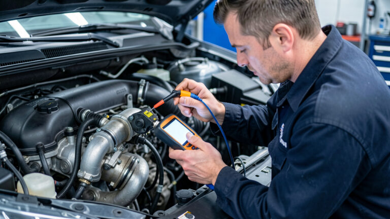 Technicien automobile examinant le capteur de position et la commande électronique d’un turbocompresseur dans un compartiment moteur.