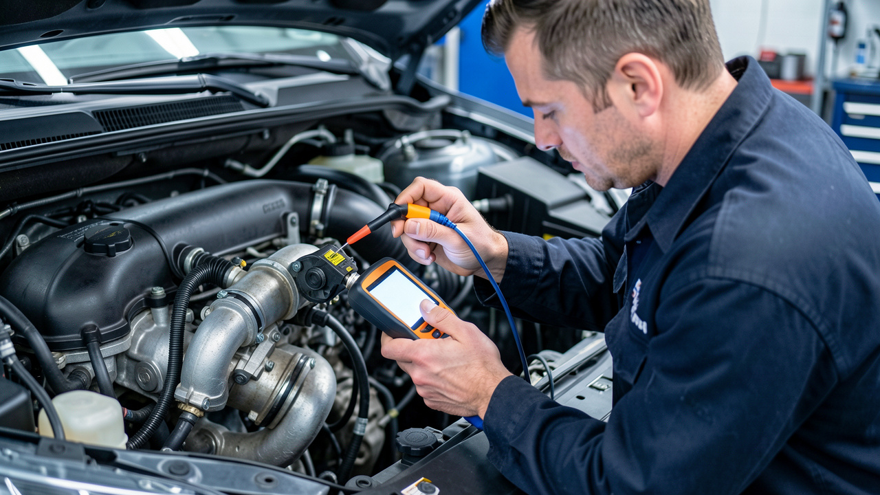 Technicien automobile examinant le capteur de position et la commande électronique d’un turbocompresseur dans un compartiment moteur.