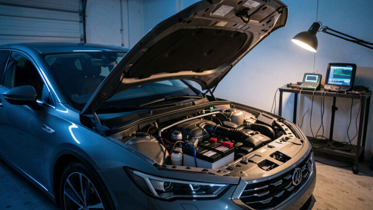 Voiture immobilisée dans un garage, radio du tableau de bord allumée, capot ouvert et éléments du système de démarrage visibles pour le diagnostic.