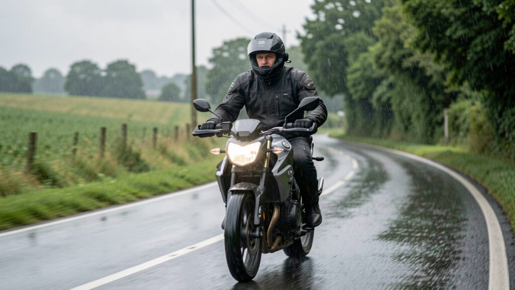 Un homme à moto portant un casque intégral noir avec un intercom Bluetooth latéral, roulant sous une pluie fine sur une route rurale mouillée.