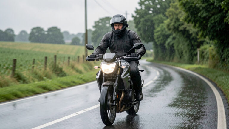 Un homme à moto portant un casque intégral noir avec un intercom Bluetooth latéral, roulant sous une pluie fine sur une route rurale mouillée.