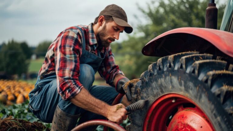 Agriculteur inspectant un pneu de tracteur dans un champ.