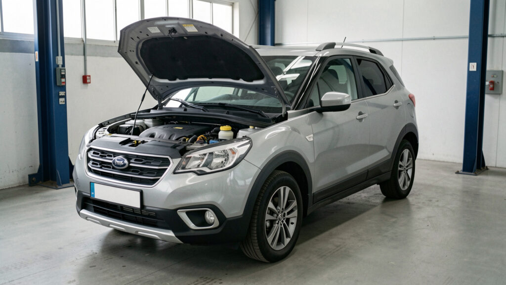 SUV compact d’occasion présenté dans un atelier automobile, avec le capot ouvert pour illustrer le choix de la génération, du moteur et du kilométrage.