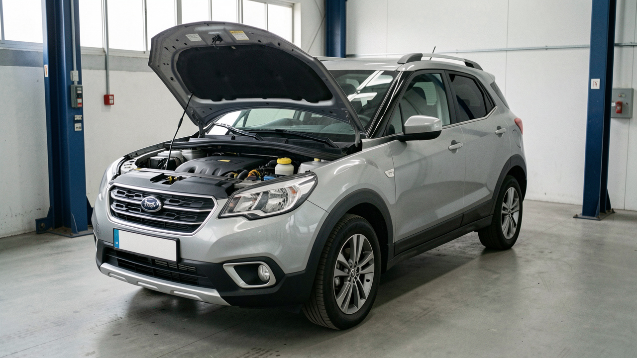 SUV compact d’occasion présenté dans un atelier automobile, avec le capot ouvert pour illustrer le choix de la génération, du moteur et du kilométrage.